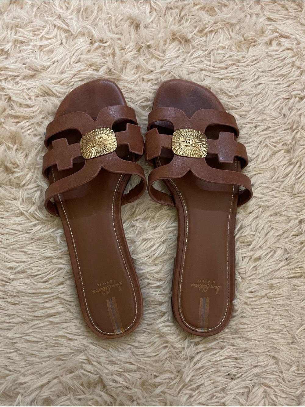 Sam Edelman Brown Leather Slide Sandals with Gold Medallion - Picture 3 of 4